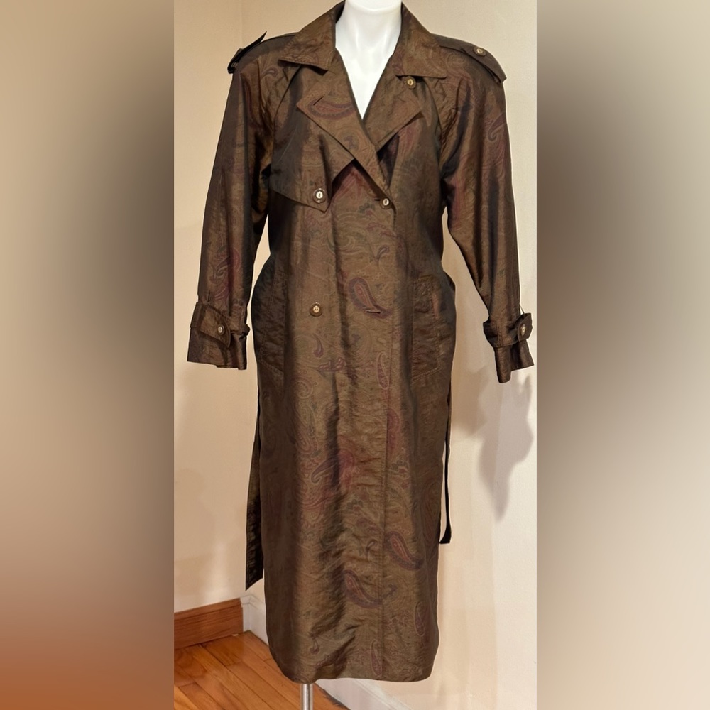 J. Gallery  Double Breasted Brown/Green Metallic Paisley Trench Coat Sz 7/8 P